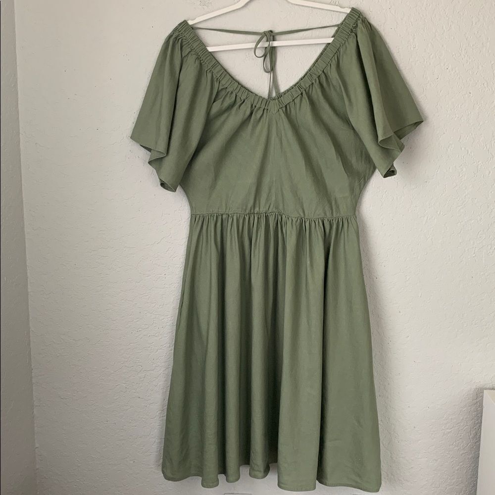 Antrop Another Love Olive Green V-Neck Off-Shoulder Linen Blend Dress Size L